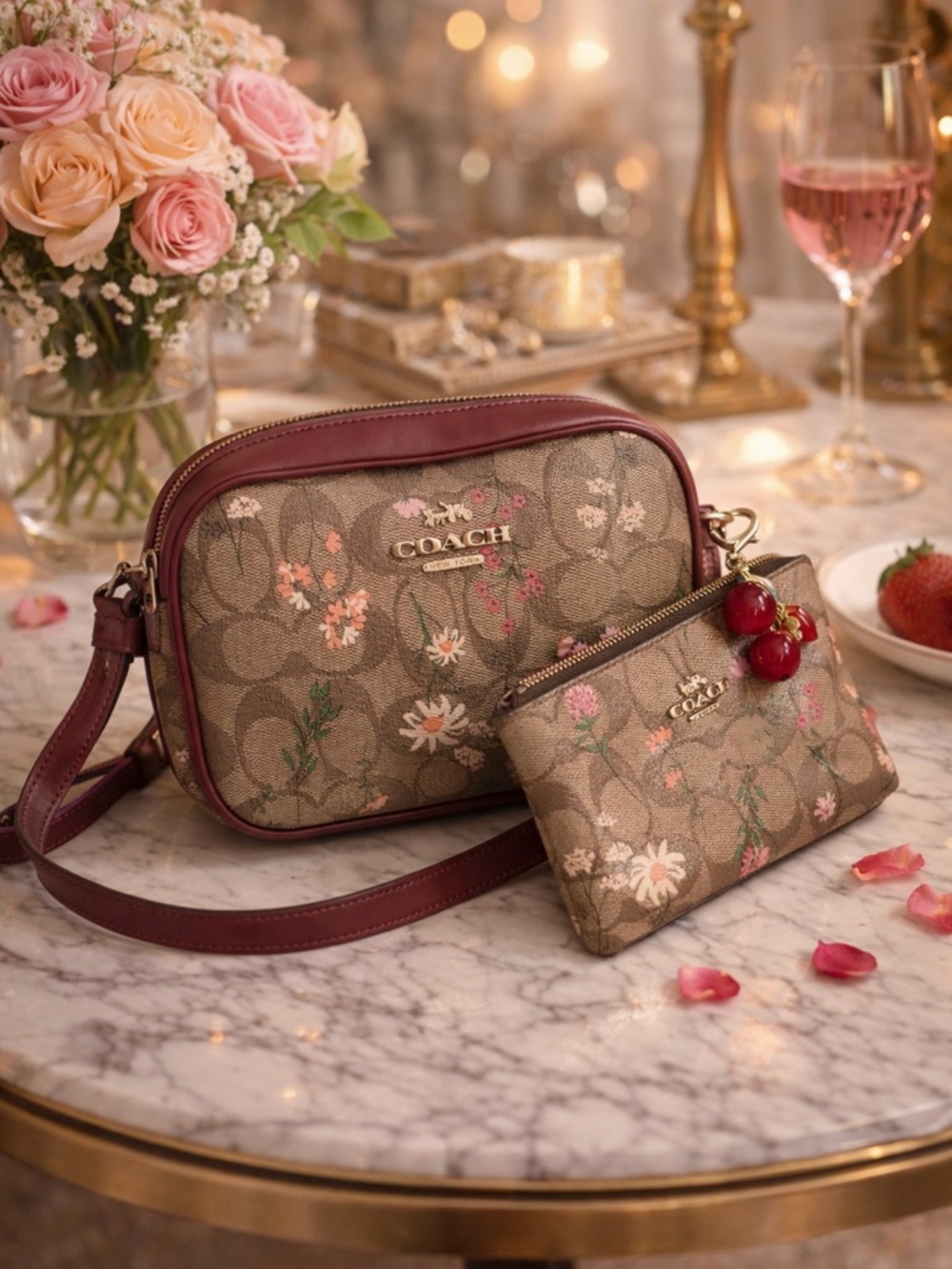 Coach Floral Signature Crossbody in Brown and Burgundy Trim